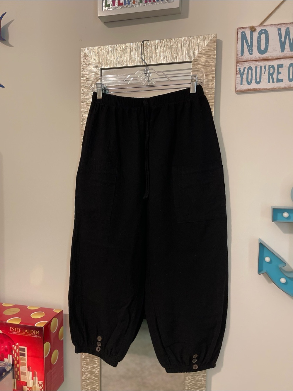 Women's Black Elastic-Waist Drawstring Balloon Pants